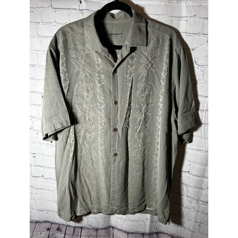 Tommy Bahama Mens Large Silk Camp Shirt Olive Tropical Jacquard Original Fit